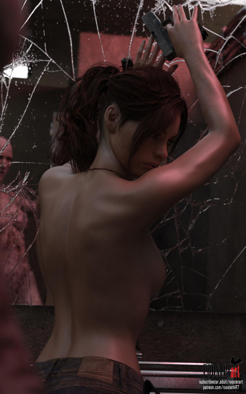 10:16 1girl 1girls 3d 3d_(artwork) back bare_shoulders bathroom breasts brunette claire_redfield claire_redfield_(jordan_mcewen) closed_mouth elbows handgun indoors jeans medium_breasts mirror mirror_reflection necklace open_eyes patreon patreon_username ponytail resident_evil resident_evil_2 roosterart shoulders standing subscribestar subscribestar_username topless topless_female video_game video_game_character video_game_franchise zombie