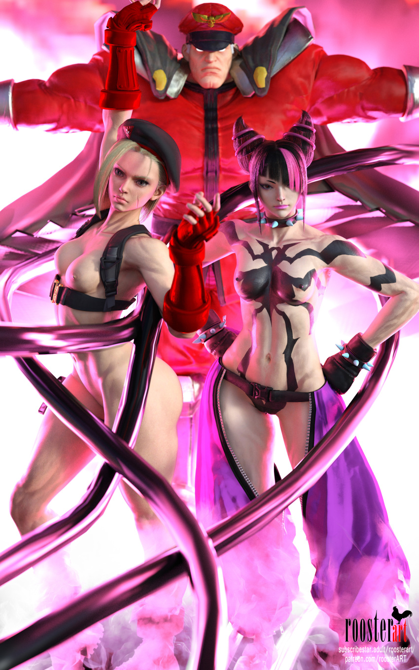 10:16 2girls1boy 3d 3d_(artwork) arm_up arms_spread ass belly belly_button beret blonde blonde_hair bodypaint breasts cammy_white cape dark_hair fit_female gloves glowing_eyes harness juri_han m_bison medium_breasts medium_hair muscle muscle muscle_girl nipples pants partially_clothed patreon patreon_username pink_background pussy pussy red_gloves roosterart shoulders small_breasts spiked_collar standing street_fighter street_fighter_6 subscribestar subscribestar_username video_game video_game_character video_game_franchise white_eyes