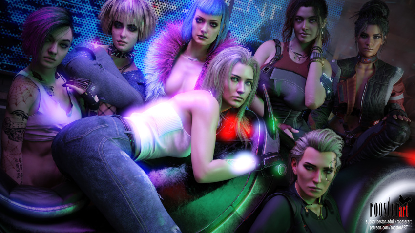 16:9 16:9_aspect_ratio 3d 3d_(artwork) 4k 7girls alt_cunningham arm_tattoo ass augmentation augmented_body blonde blonde_hair bloom blue_hair brunette claire_russell cleavage clothed cyberpunk cyberpunk_2077 dark_hair evelyn_parker female_focus females_only futuristic jeans judy_alvarez light-skinned light-skinned_female light_skin long_hair looking_at_viewer medium_hair meredith_stout misty_olszewski motorcycle necklace outside panam_palmer patreon patreon_username roosterart sfw sitting standing subscribestar subscribestar_username tattoo tattoos video_game video_game_character video_game_franchise white_shirt