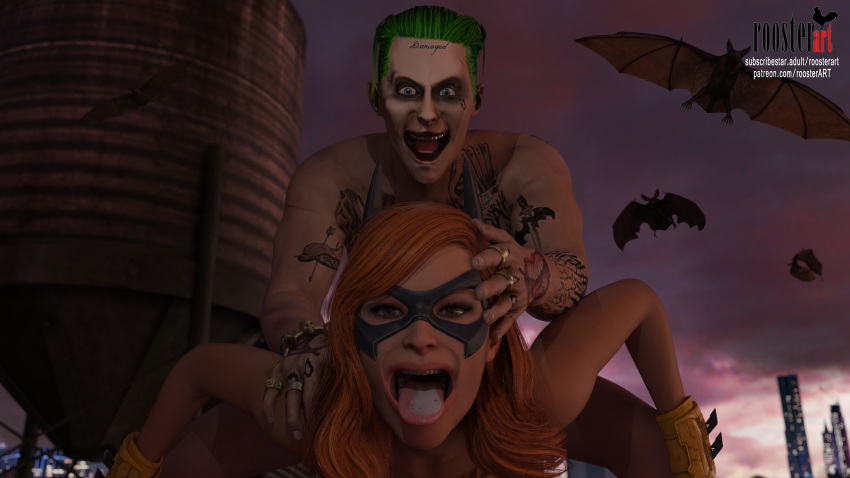 16:9 16:9_aspect_ratio 1boy1girl 1girl1boy 3d 3d_(artwork) 4k arm_tattoo bat batgirl batgirl_(gotham_knights) batman_(series) bats chest_tattoo cum_in_mouth cum_on_tongue dc_comics face_mask face_tatoo female_penetrated green_hair hand_on_head hand_tattoo joker long_hair male_penetrating male_penetrating_female mask mouth_open open_eyes open_mouth outside patreon patreon_username rooftop roosterart sex skyscraper smile subscribestar subscribestar_username superheroine tattoos teeth tongue tongue_out video_game video_game_character video_game_franchise villain