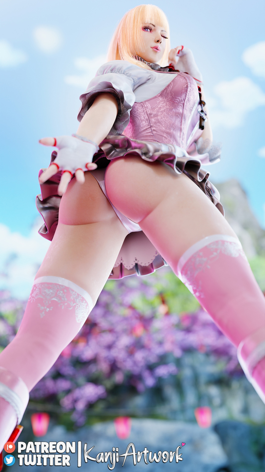 3d 3d_(artwork) 3dx ad8_3d ass ass_focus bandai_namco blonde_hair blue_eyes boots dress dress_lift emilie_de_rochefort fighting_game kanjihentai lili_(tekken) lili_rochefort long_hair looking_at_viewer looking_back mokujin_hornywood namco namco_bandai panties patreon stockings tekken tekken_8 twitter upskirt video_game_character video_game_franchise watermark winking_at_viewer