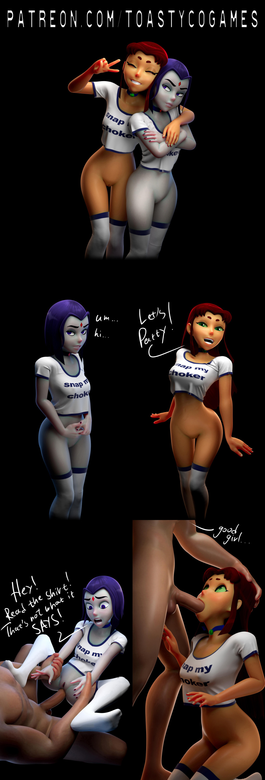 1boy 1boy1girl 1boy2girls 2_girls 3d 3d_(artwork) anal anal_penetration ass bottomless breasts choker dc_comics fellatio fellatio f****d grabbing_arms holding_arms kneel koriand'r long_socks nude orange_skin purple_eyes purple_hair pussy rachel_roth r**e raven_(dc) red_eyes screaming snap_my_choker starfire sucking_penis teen_titans text toastycogames