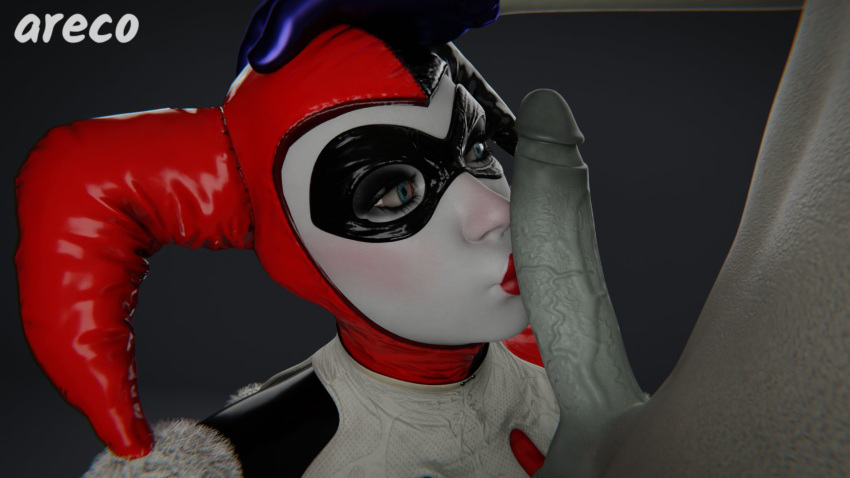1boy 1girl 3d 3d_(artwork) areco batman:_arkham_knight batman_(series) blue_eyes clothed_female_nude_male clown clown_girl dc_comics fellatio gloves grey_skin harley_quinn harley_quinn_(classic) holding_head huge_cock injustice_2 kissing kissing_penis light-skinned_female looking_at_penis makeup mask netherrealm_studios oral oral_sex red_lipstick the_joker veiny_penis